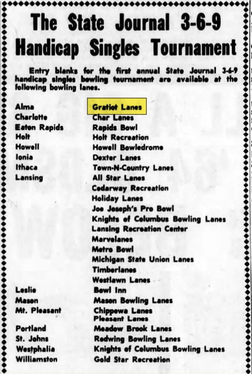 Gratiot Lanes - Oct 1964 List Of Lanes (newer photo)
